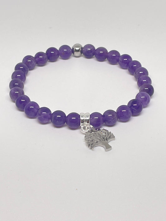 Amethyst Gemstone Beaded Bracelet with Tree of Life Charm