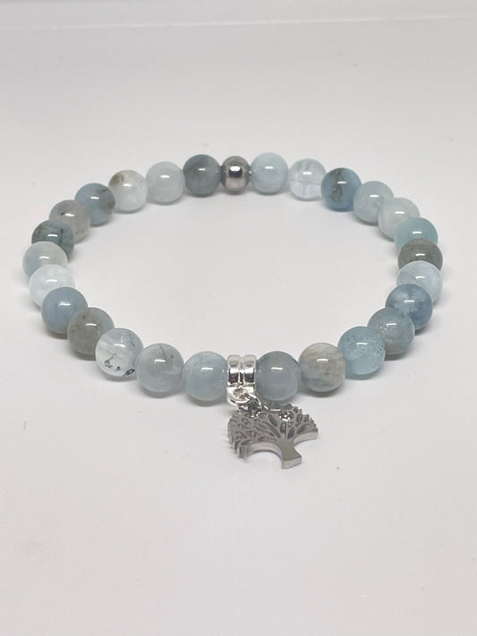 Aquamarine Beaded Bracelet with Tree of Life Charm