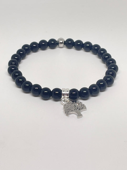 Onyx Beaded Bracelet with Tree of Life Charm