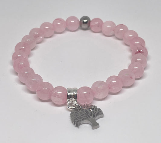 Rose Quartz Beaded Bracelet with Tree of Life Charm
