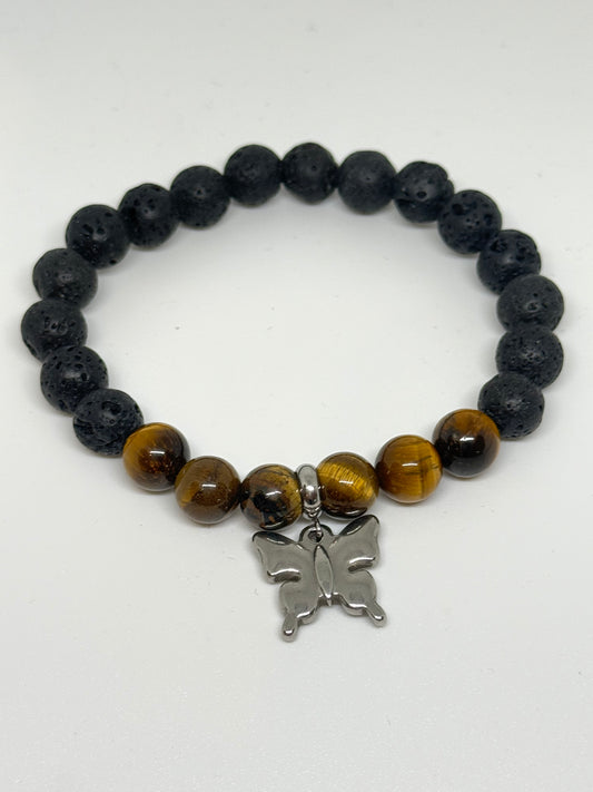 Tiger's Eye Beaded Bracelet with Butterfly Charm
