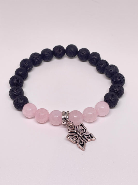 Rose Quartz Beaded Bracelet with Butterfly Charm