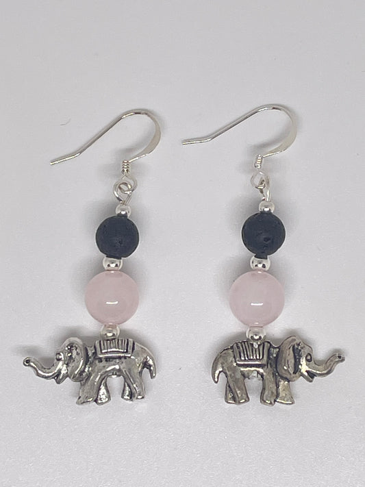 Elephant Earrings with Rose Quartz & Lava Rock