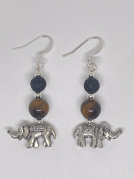 Elephant Earrings with Tigers Eye & Lava Rock
