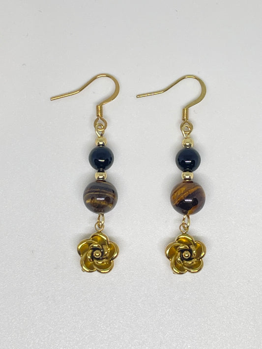 Tigers Eye & Stainless Steel Flower Earrings