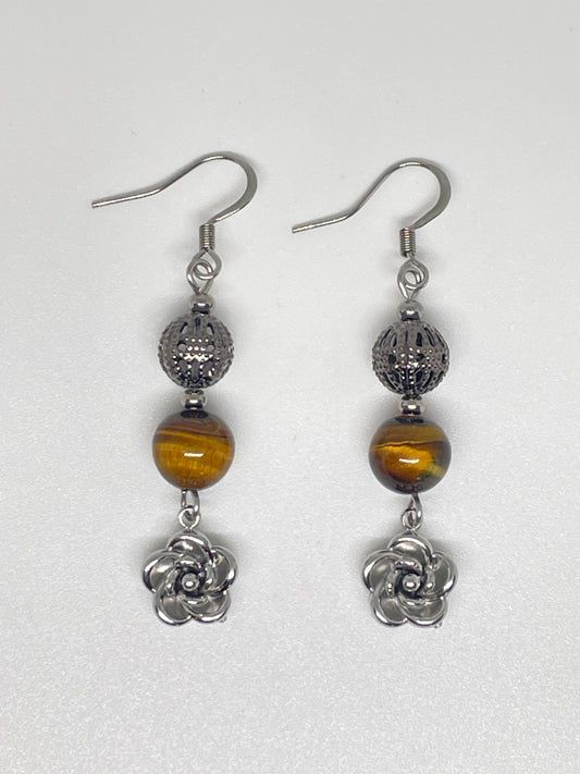Tigers Eye & Stainless Steel Flower Earrings