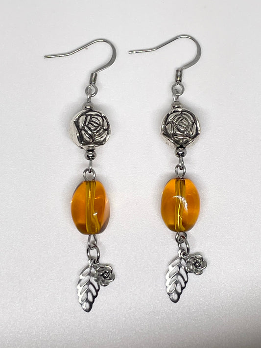 Glass Bead & Stainless Steel Flower/Leaf Earrings