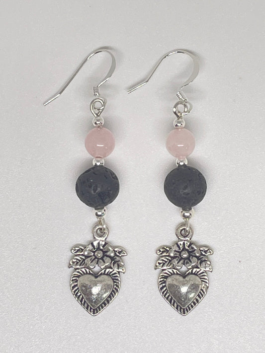 Heart/Flower Earrings with Rose Quartz & Lava Rock