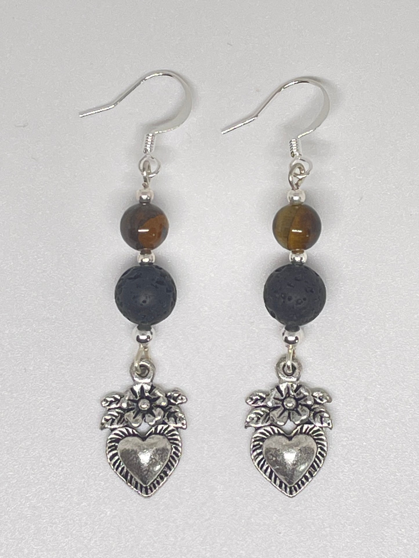 Heart/Flower Earrings with Tigers Eye & Lava Rock