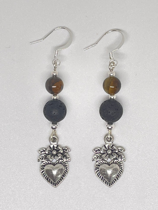 Heart/Flower Earrings with Tigers Eye & Lava Rock