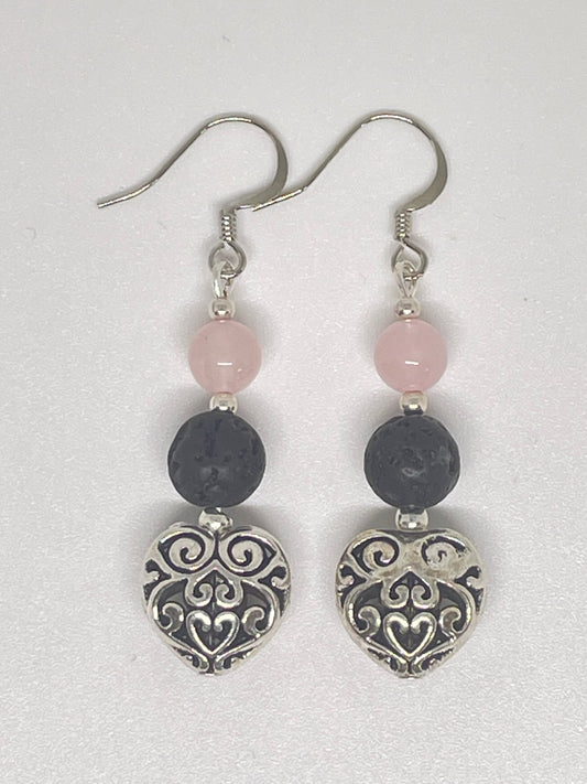 Filigree Heart Earrings with Rose Quartz & Lava Rock