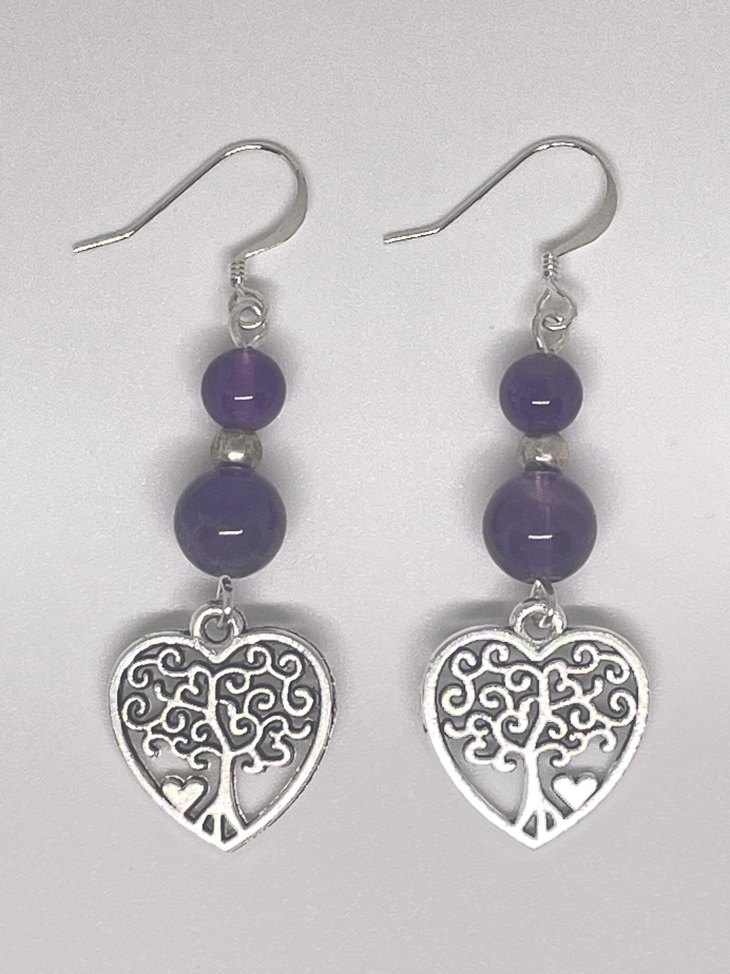 Amethyst Heart shaped Tree of Life Earrings