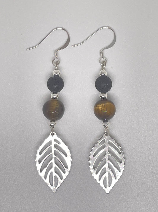 Leaf Earrings with Tigers Eye & Lava Rock