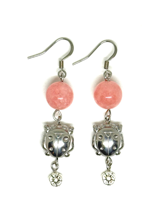 Pink Agate Ladybird Earrings