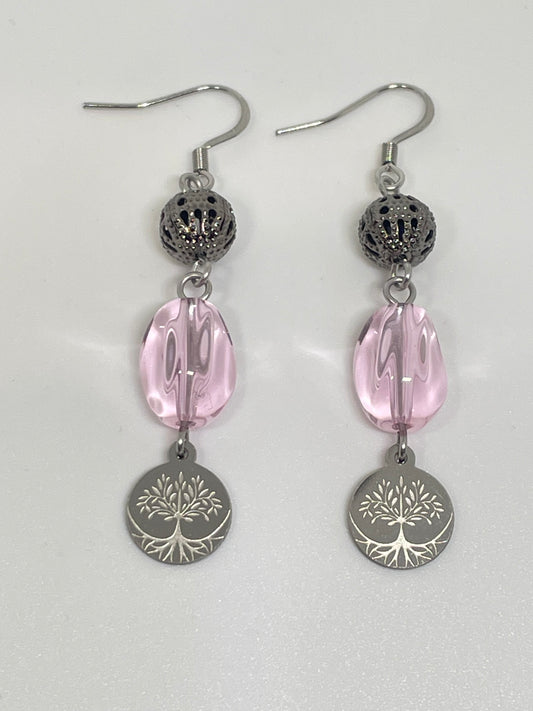Glass Bead & Stainless Steel Tree of LIfe Charm Earrings