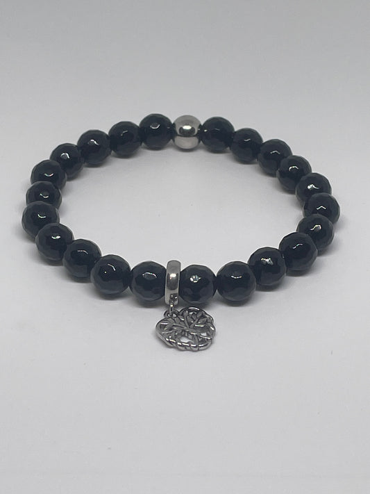 Onyx Beaded Bracelet with Tree of Life Heart Charm