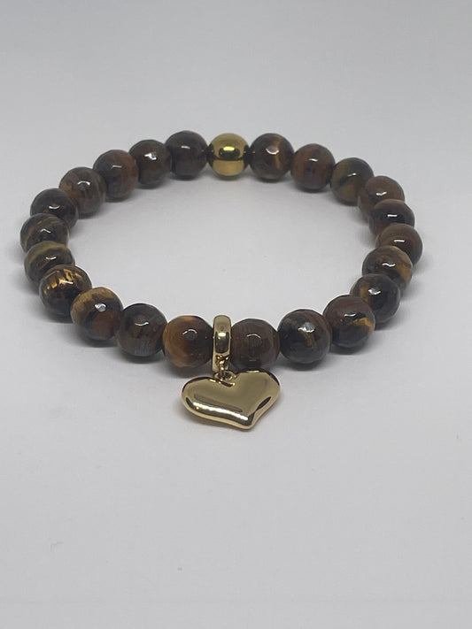Tigers Eye Beaded Bracelet with Heart Charm