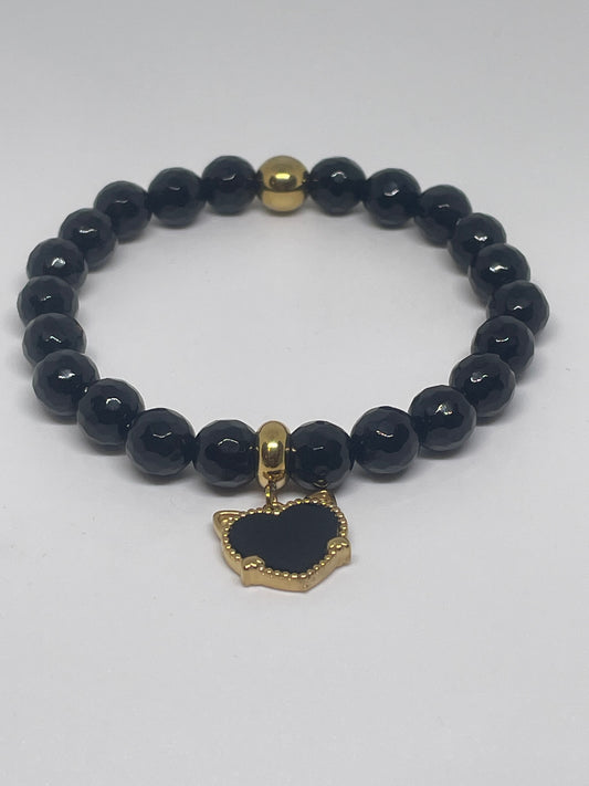 Onyx Beaded Bracelet with a Cat Charm