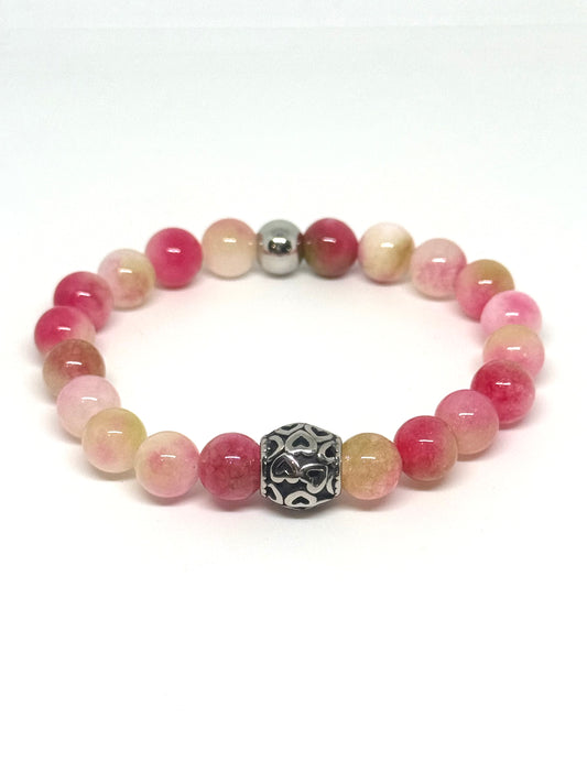 Watermelon Natural Stone & Stainless Steel Beaded Bracelet
