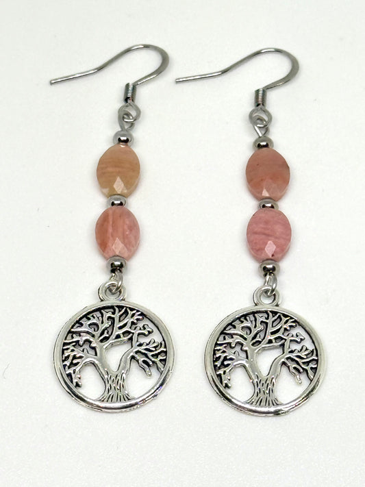 Pink Natural Stone Tree of Life Earrings