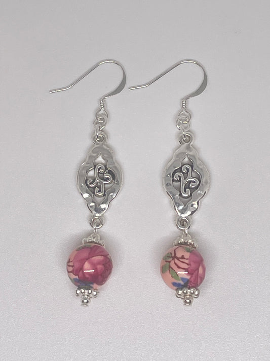 Repurposed Pink Floral Bead Earrings
