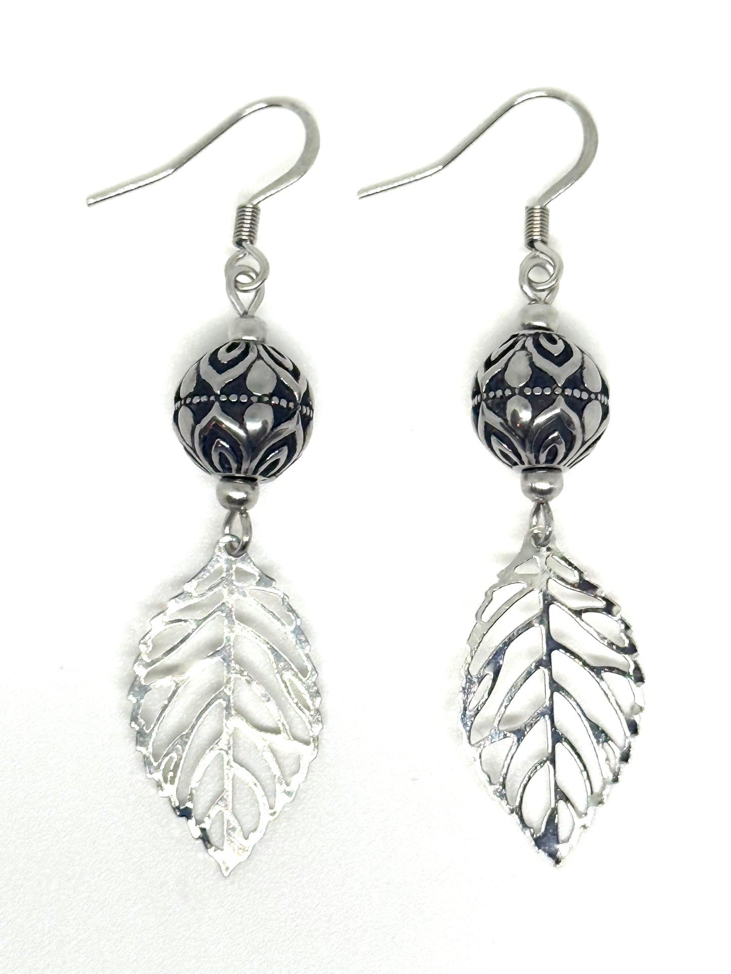 Stainless Steel Decorative Bead Leaf Earrings